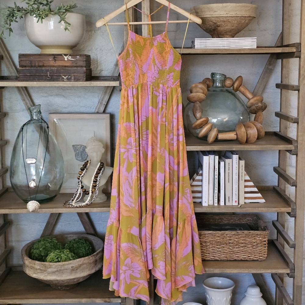 Free People Heatwave Maxi Dress Pink Gold Green Sz XS